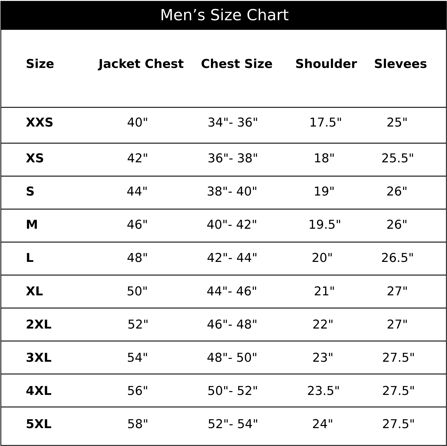 men size chart